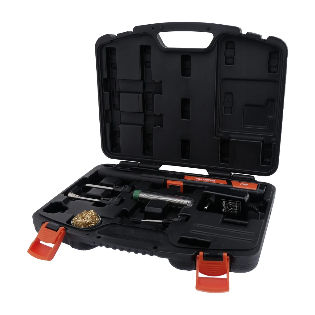 Accu soldeerbout set accu soldeerbout set, ISKC02, Fluxon soldeerbout, snoerloze soldeerbout, li-ion soldeerbout set, soldeerbout 600°C-750°C, soldeerstift set, soldeerbout kit koffer, 50W 90W soldeerbout, snel opwarmen soldeerbout, soldeerapparatuur draadloos, soldeerkit werkplaats, soldeerbout 12V output, solderen zonder snoer, professionele soldeer set